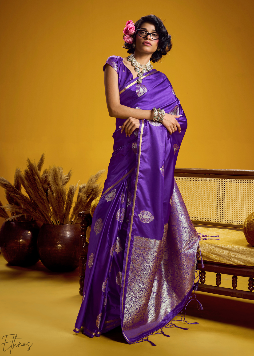 Deep Violet Gold-Infused Jacquard Satin Silk Saree