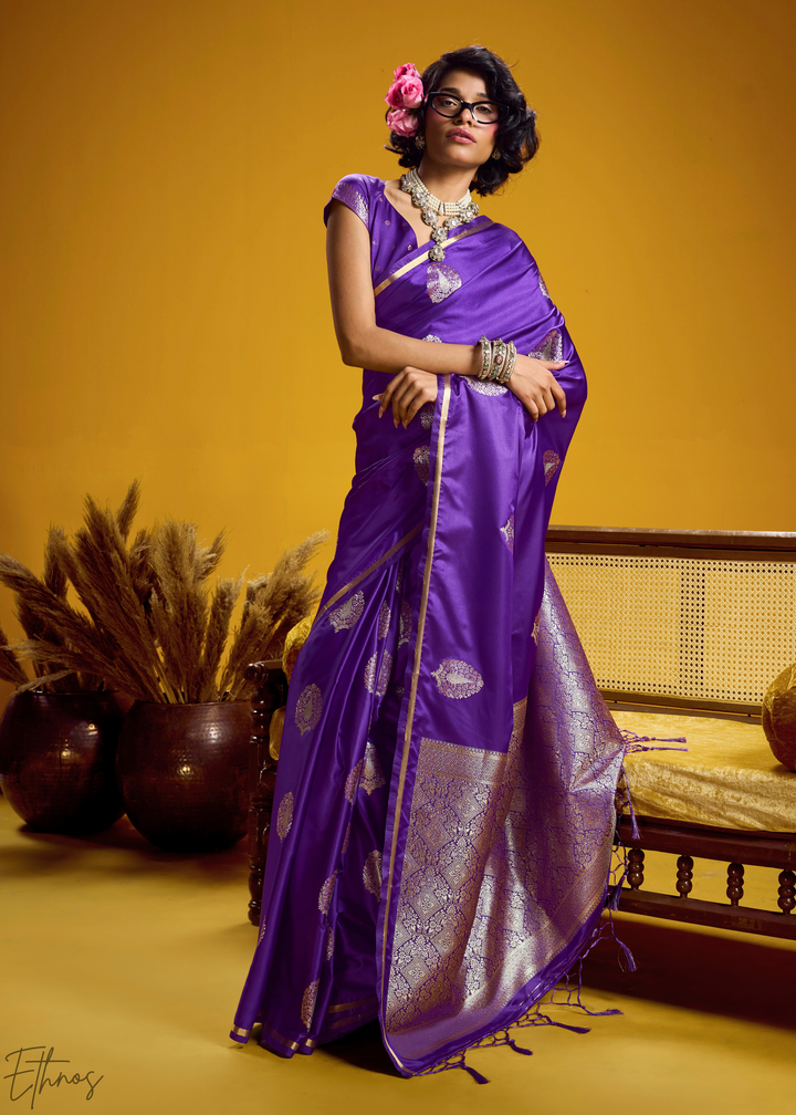 Deep Violet Gold-Infused Jacquard Satin Silk Saree
