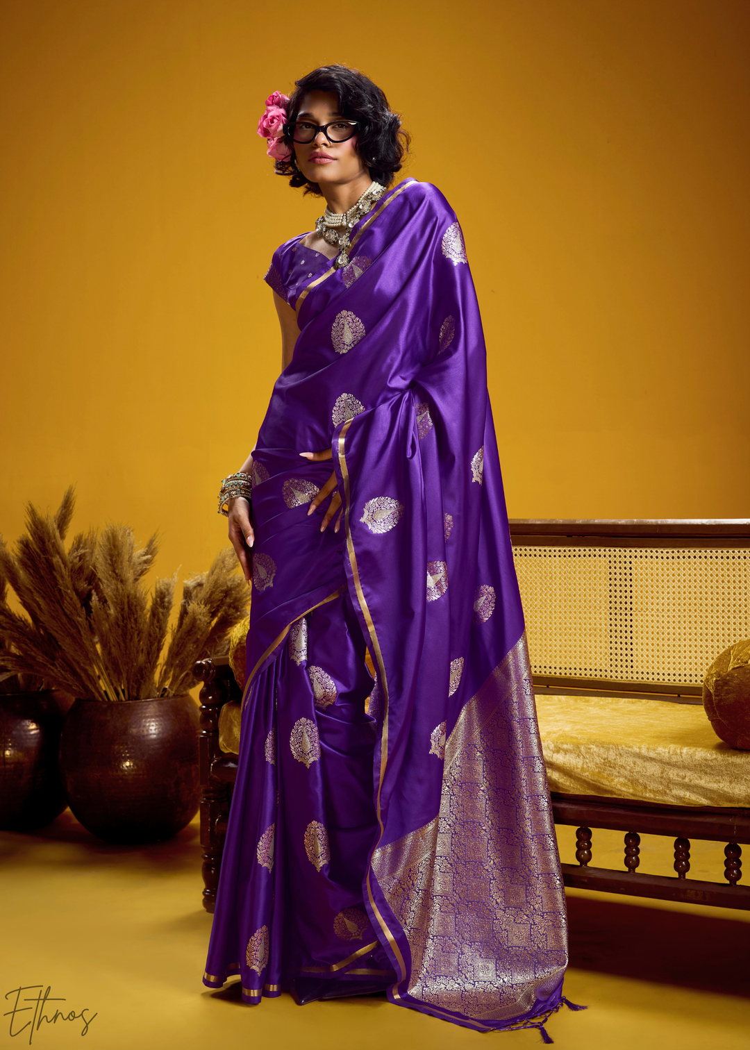 Deep Violet Gold-Infused Jacquard Satin Silk Saree