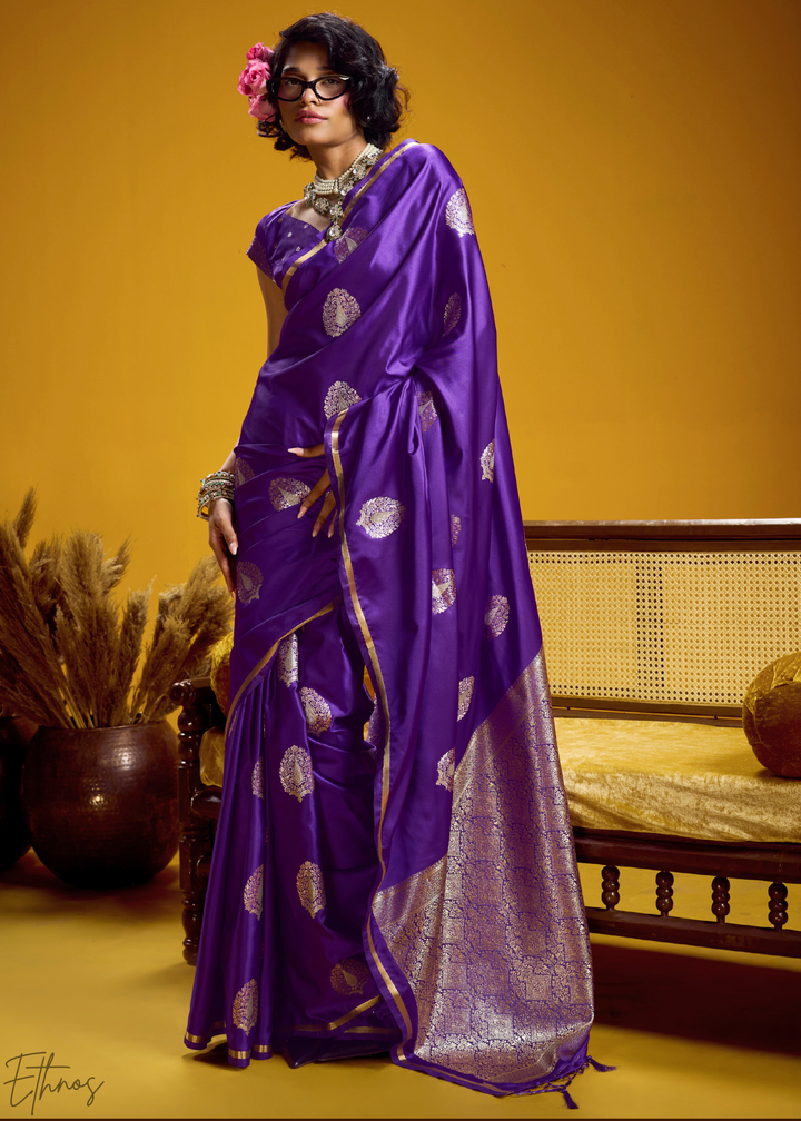 Deep Violet Gold-Infused Jacquard Satin Silk Saree