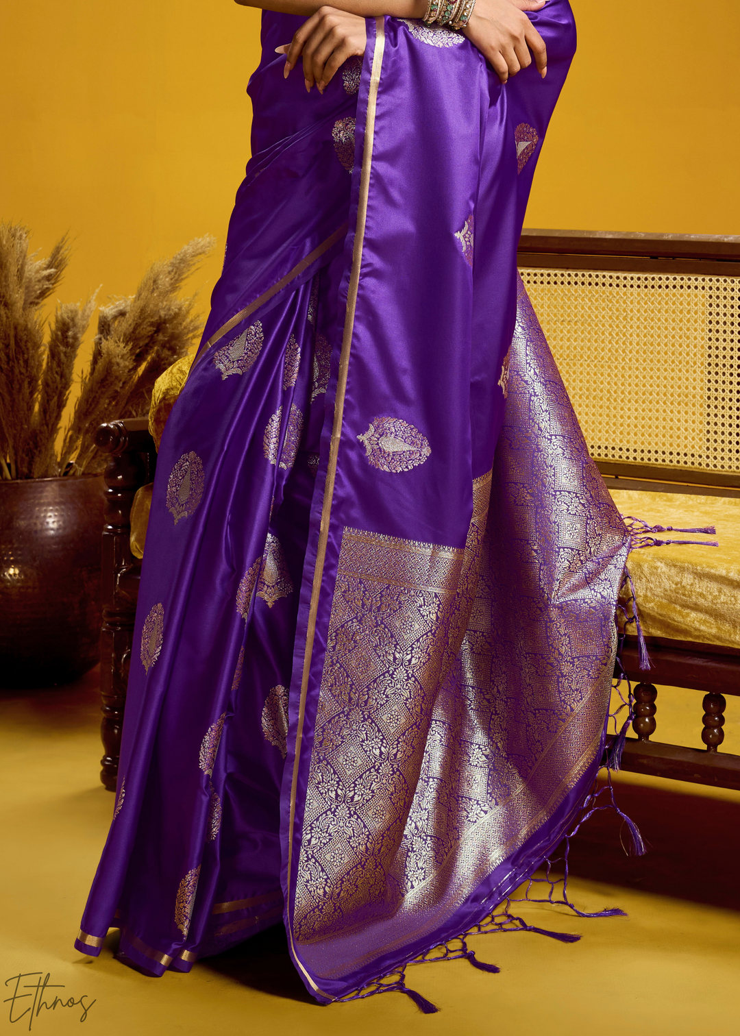 Deep Violet Gold-Infused Jacquard Satin Silk Saree