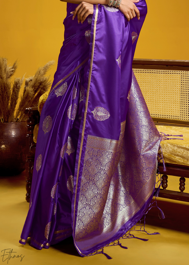 Deep Violet Gold-Infused Jacquard Satin Silk Saree