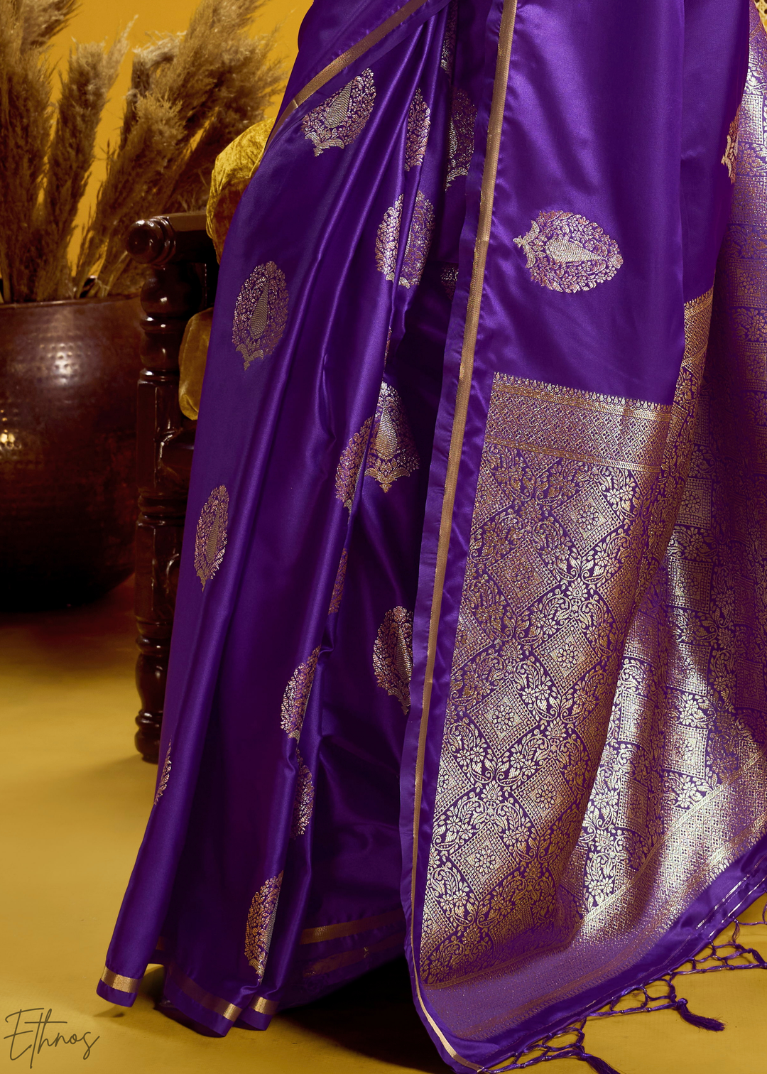 Deep Violet Gold-Infused Jacquard Satin Silk Saree