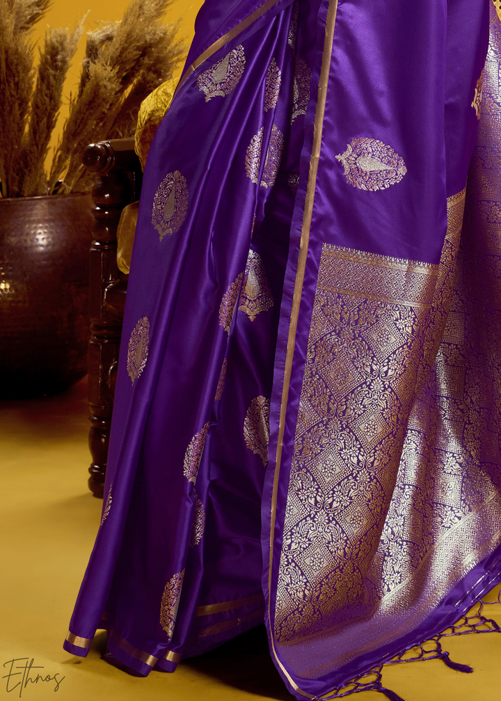 Deep Violet Gold-Infused Jacquard Satin Silk Saree