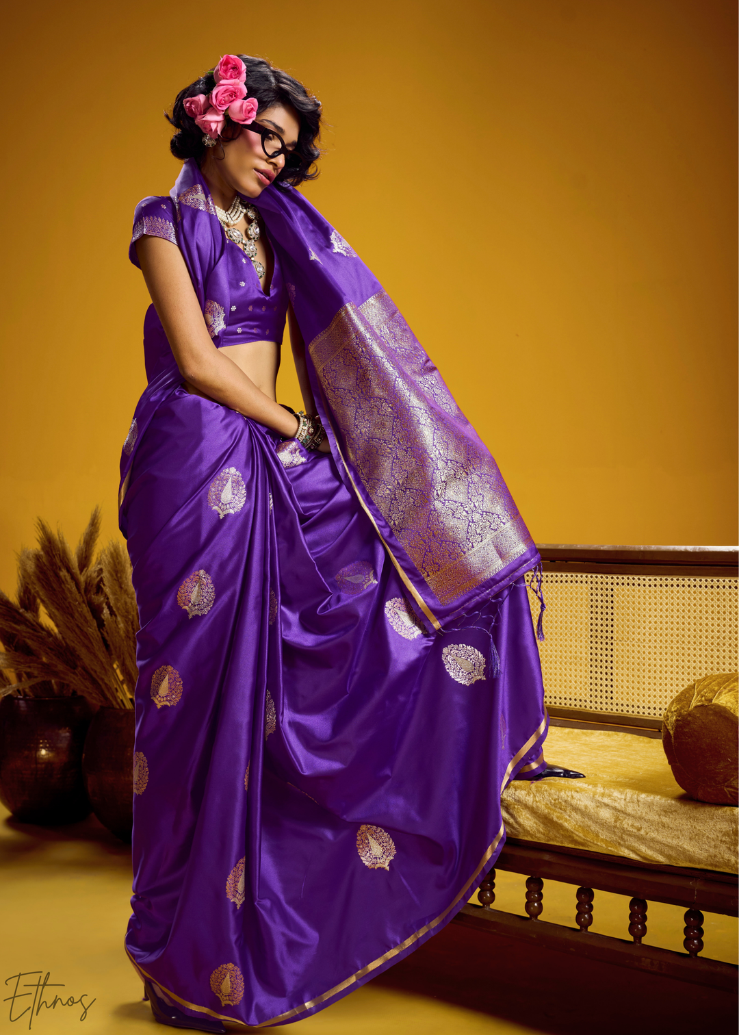 Deep Violet Gold-Infused Jacquard Satin Silk Saree