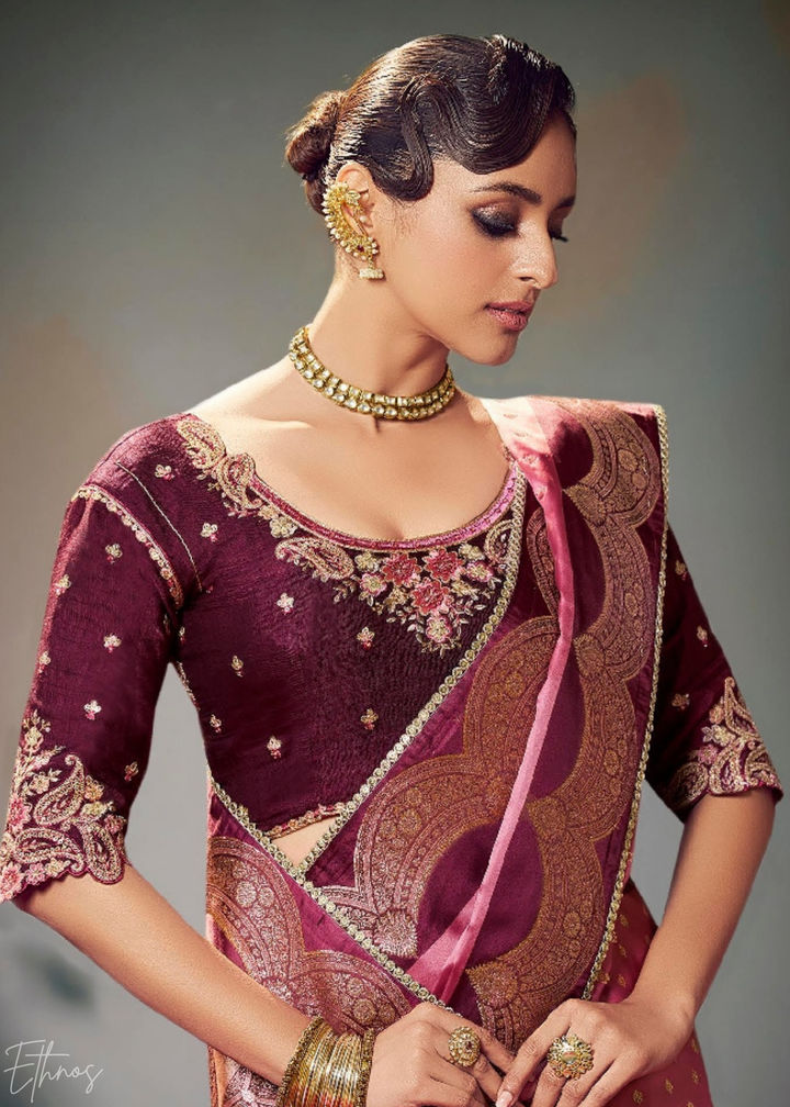 Deep Wine Allover Floral Brocade Satin Silk Saree