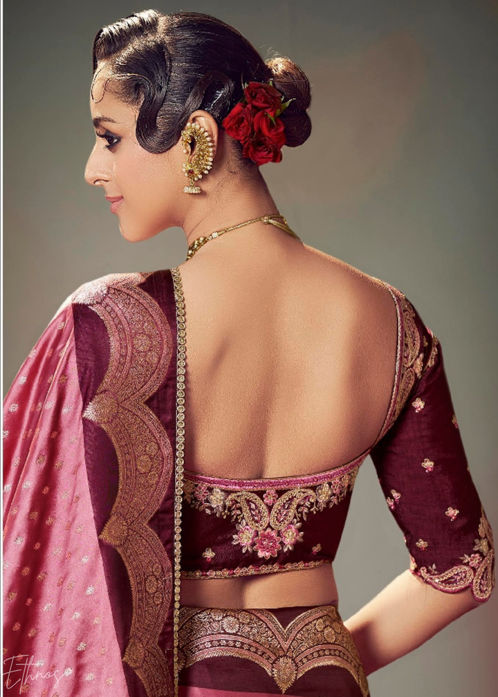 Deep Wine Allover Floral Brocade Satin Silk Saree