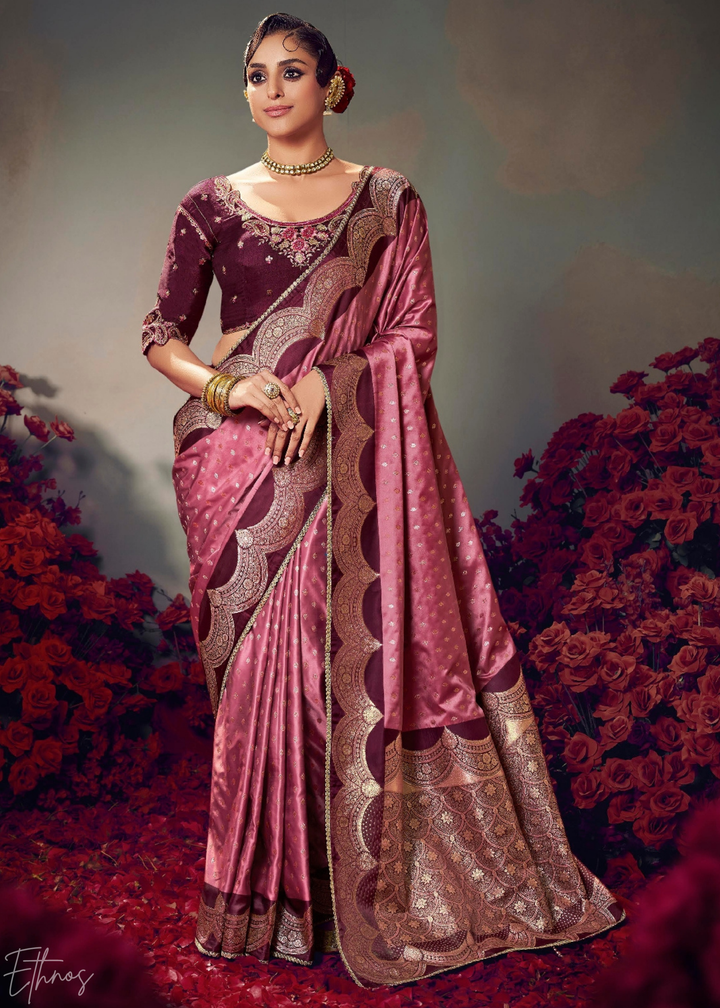 Deep Wine Allover Floral Brocade Satin Silk Saree