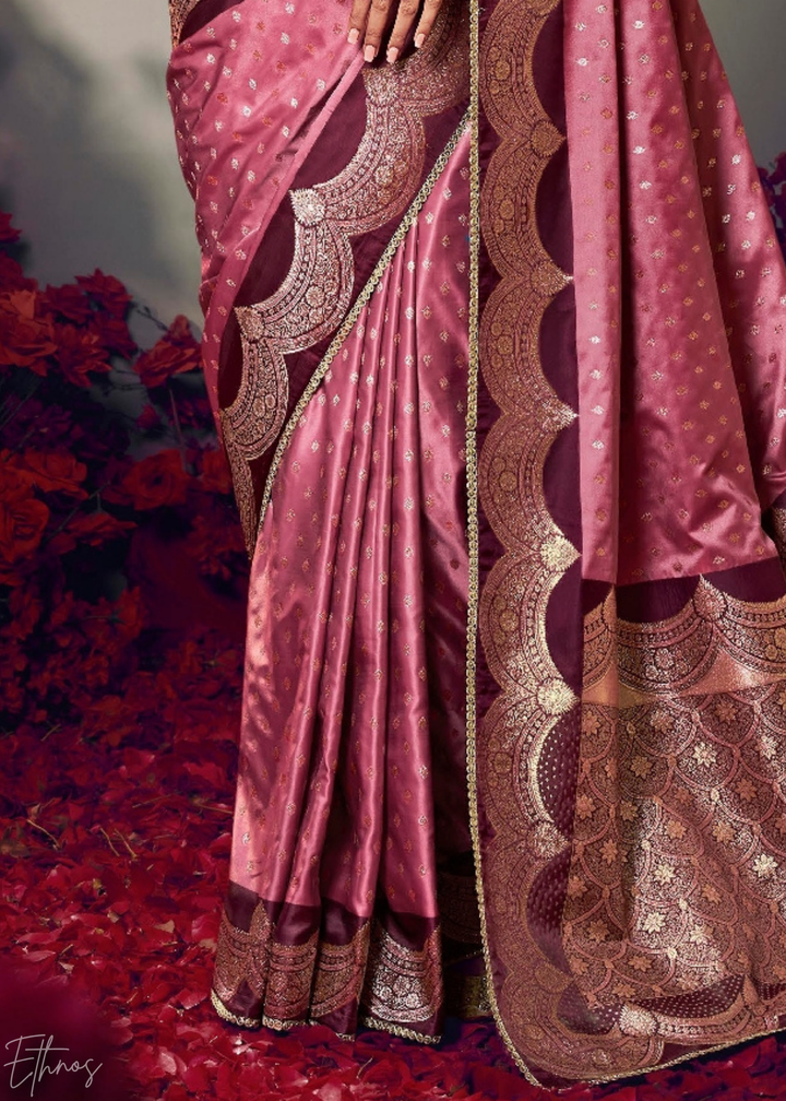 Deep Wine Allover Floral Brocade Satin Silk Saree