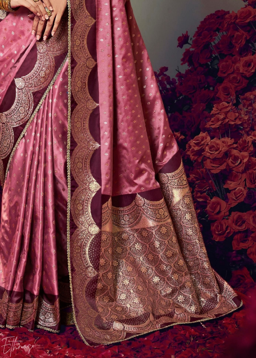 Deep Wine Allover Floral Brocade Satin Silk Saree