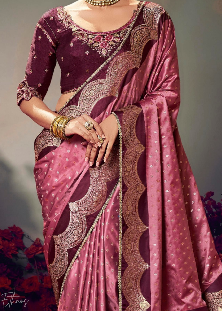 Deep Wine Allover Floral Brocade Satin Silk Saree