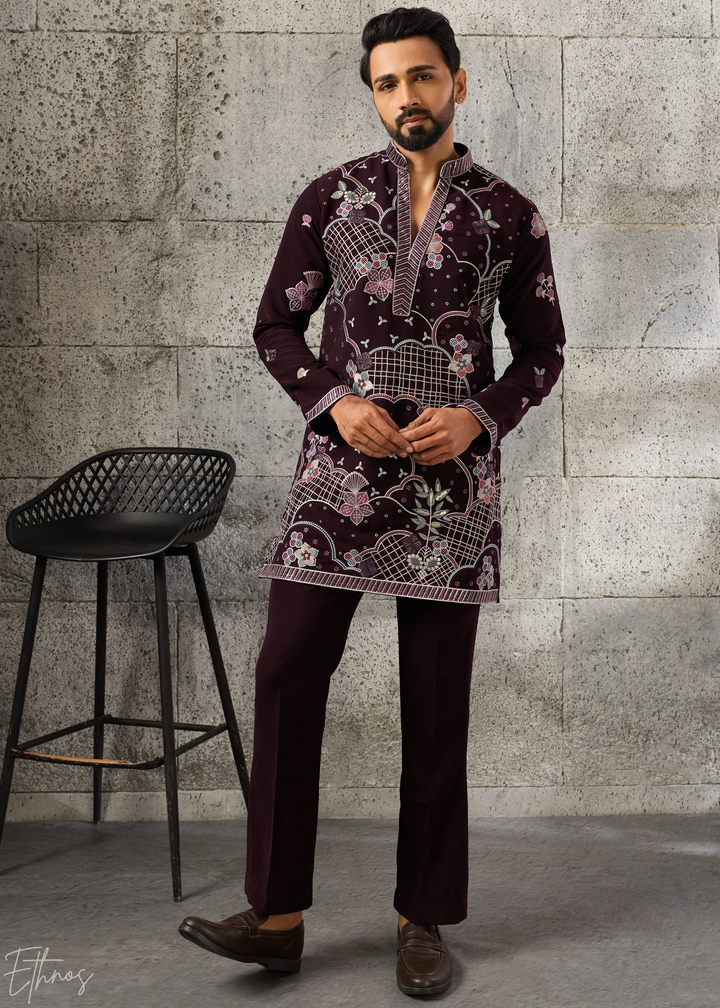 Deep Wine Floral-Grid Silk Kurta Pant Set