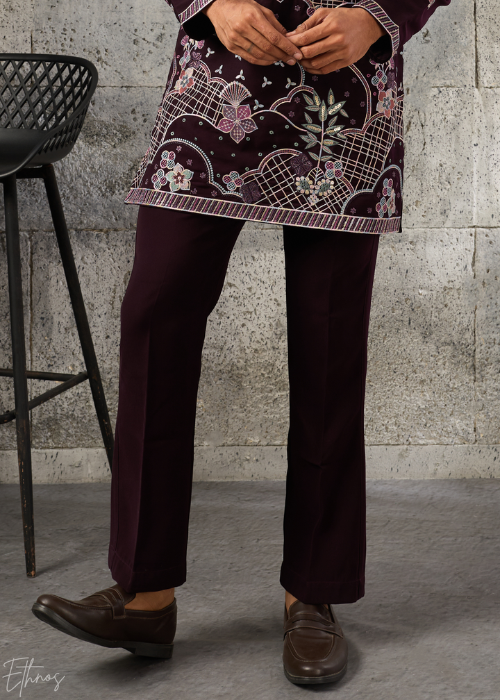Deep Wine Floral-Grid Silk Kurta Pant Set