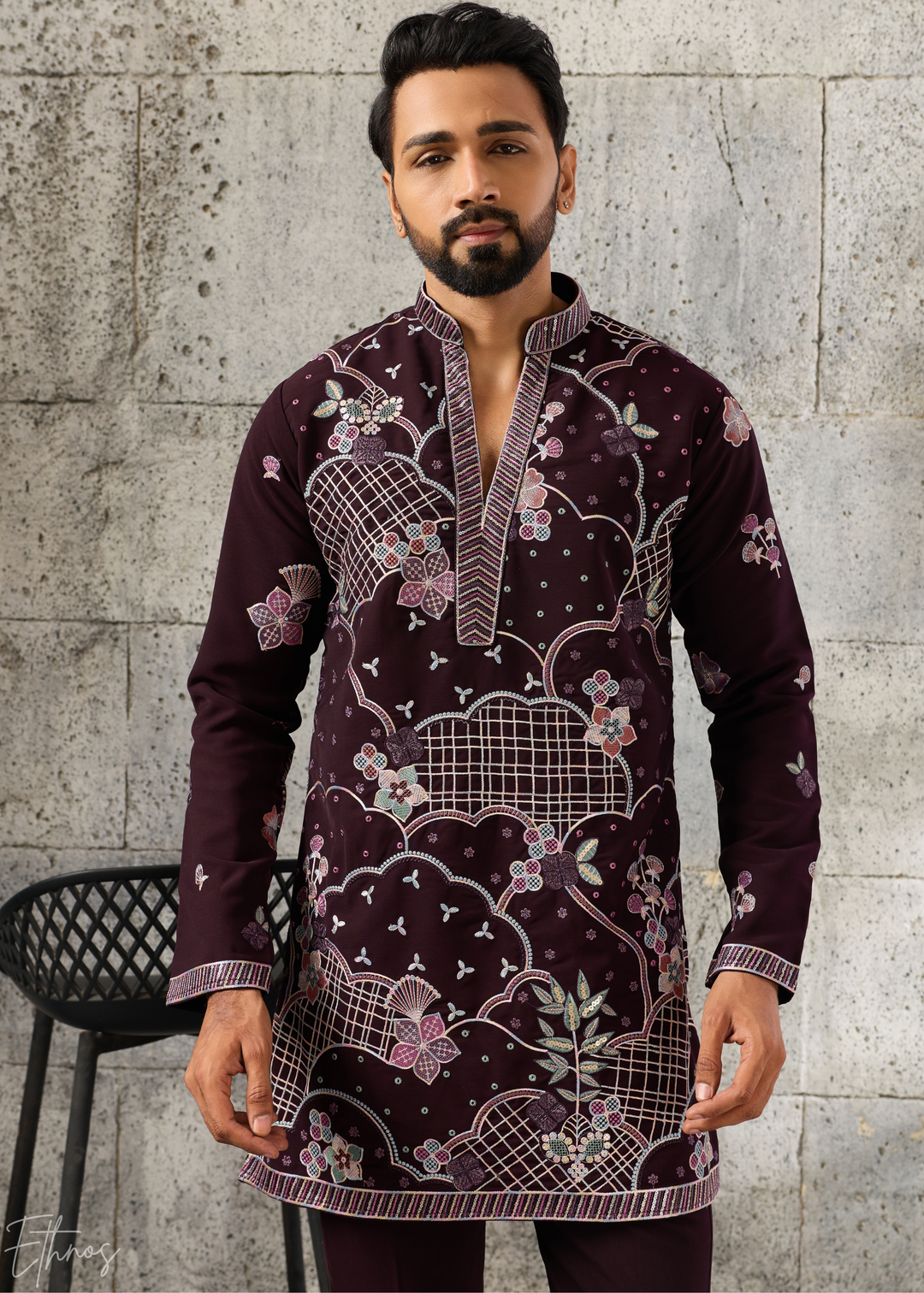 Deep Wine Floral-Grid Silk Kurta Pant Set