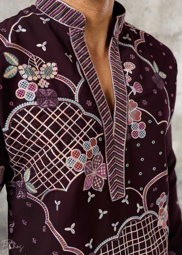Deep Wine Floral-Grid Silk Kurta Pant Set