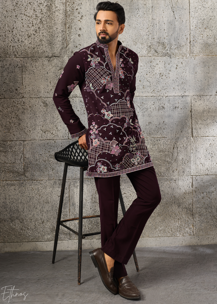 Deep Wine Floral-Grid Silk Kurta Pant Set
