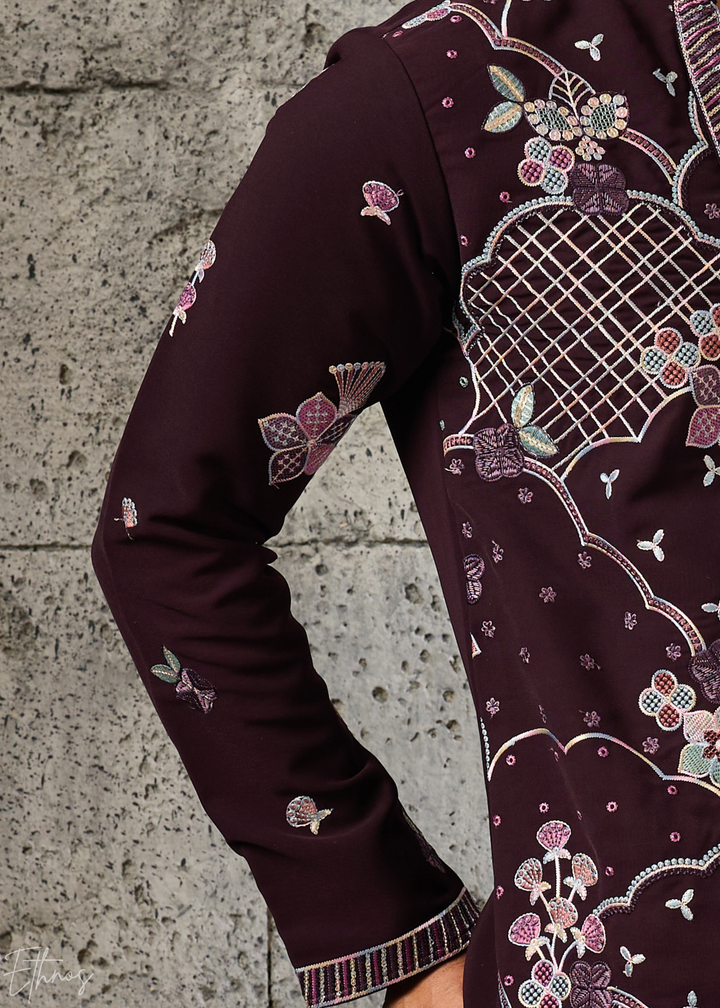 Deep Wine Floral-Grid Silk Kurta Pant Set