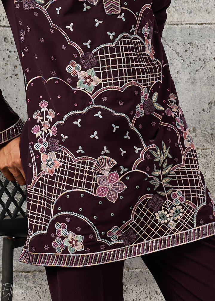 Deep Wine Floral-Grid Silk Kurta Pant Set