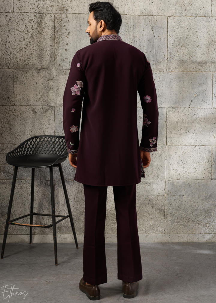 Deep Wine Floral-Grid Silk Kurta Pant Set