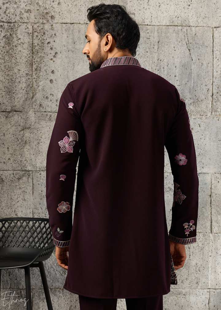 Deep Wine Floral-Grid Silk Kurta Pant Set