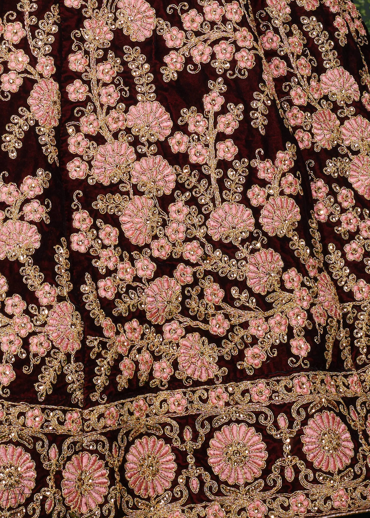 Deep Wine Heavy Floral Embroidered Velvet Lehenga Choli