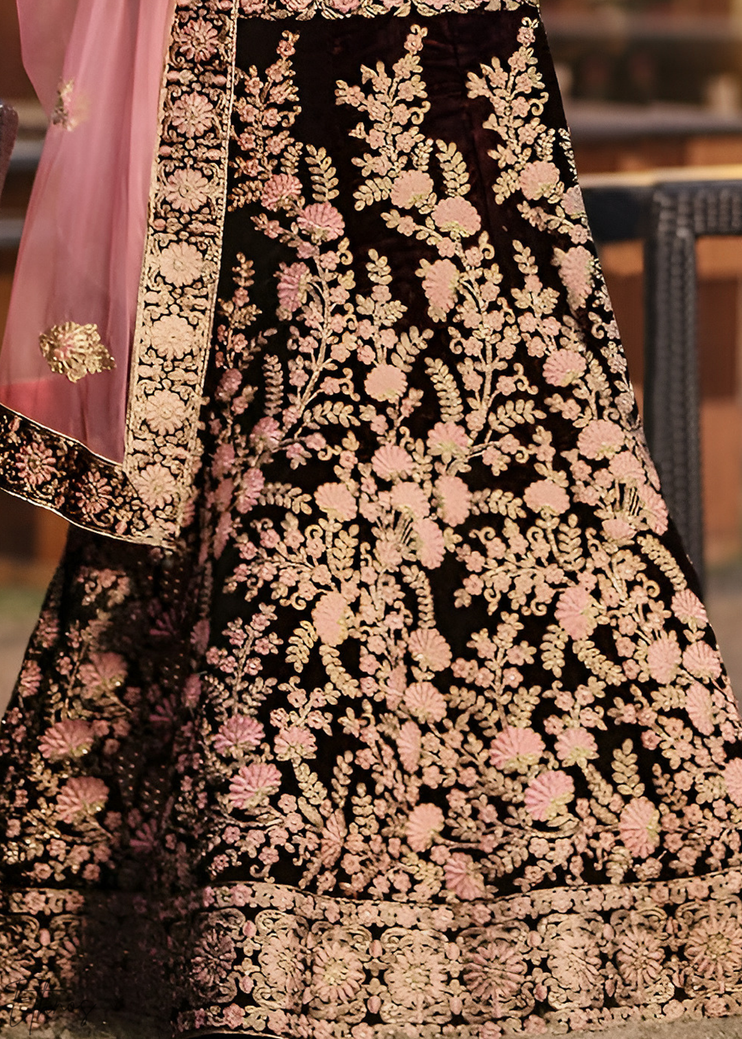 Deep Wine Heavy Floral Embroidered Velvet Lehenga Choli