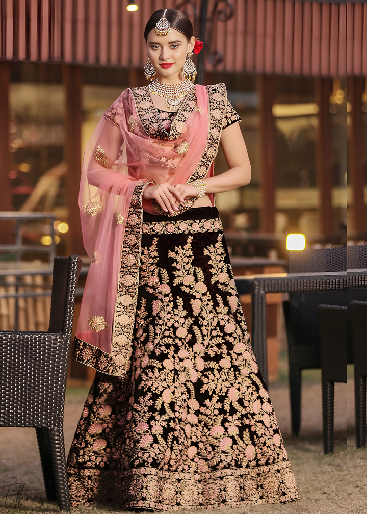 Deep Wine Heavy Floral Embroidered Velvet Lehenga Choli