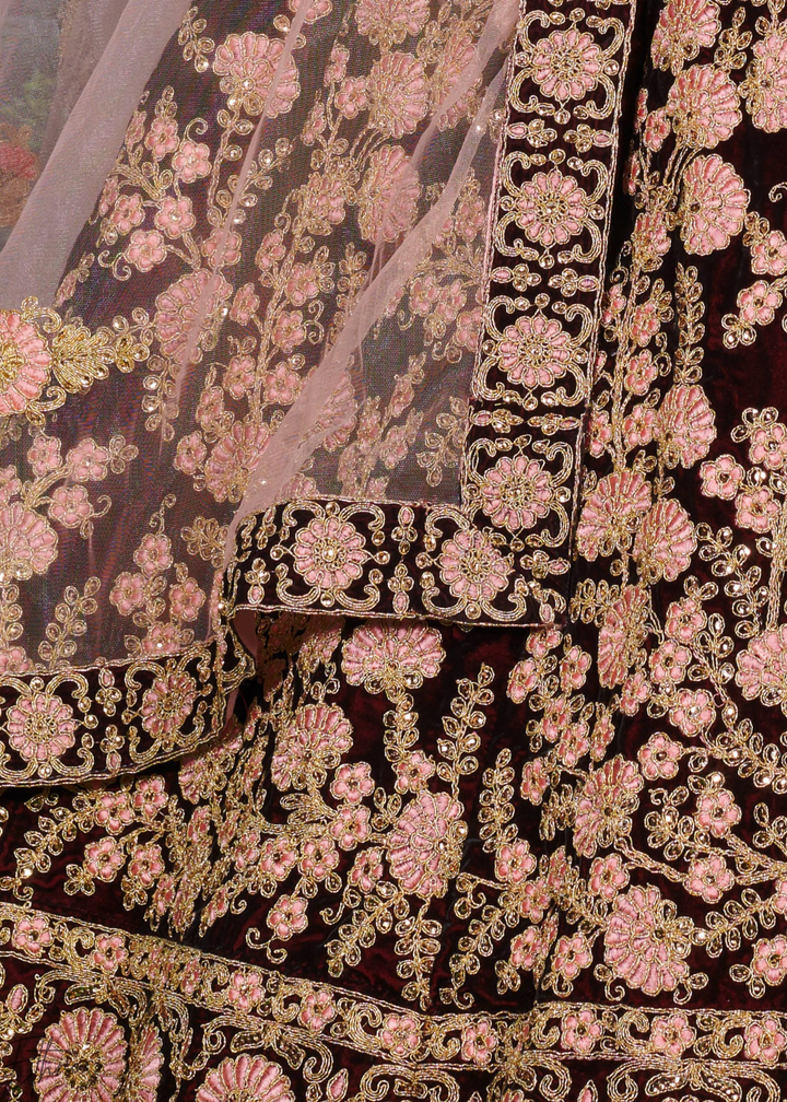 Deep Wine Heavy Floral Embroidered Velvet Lehenga Choli