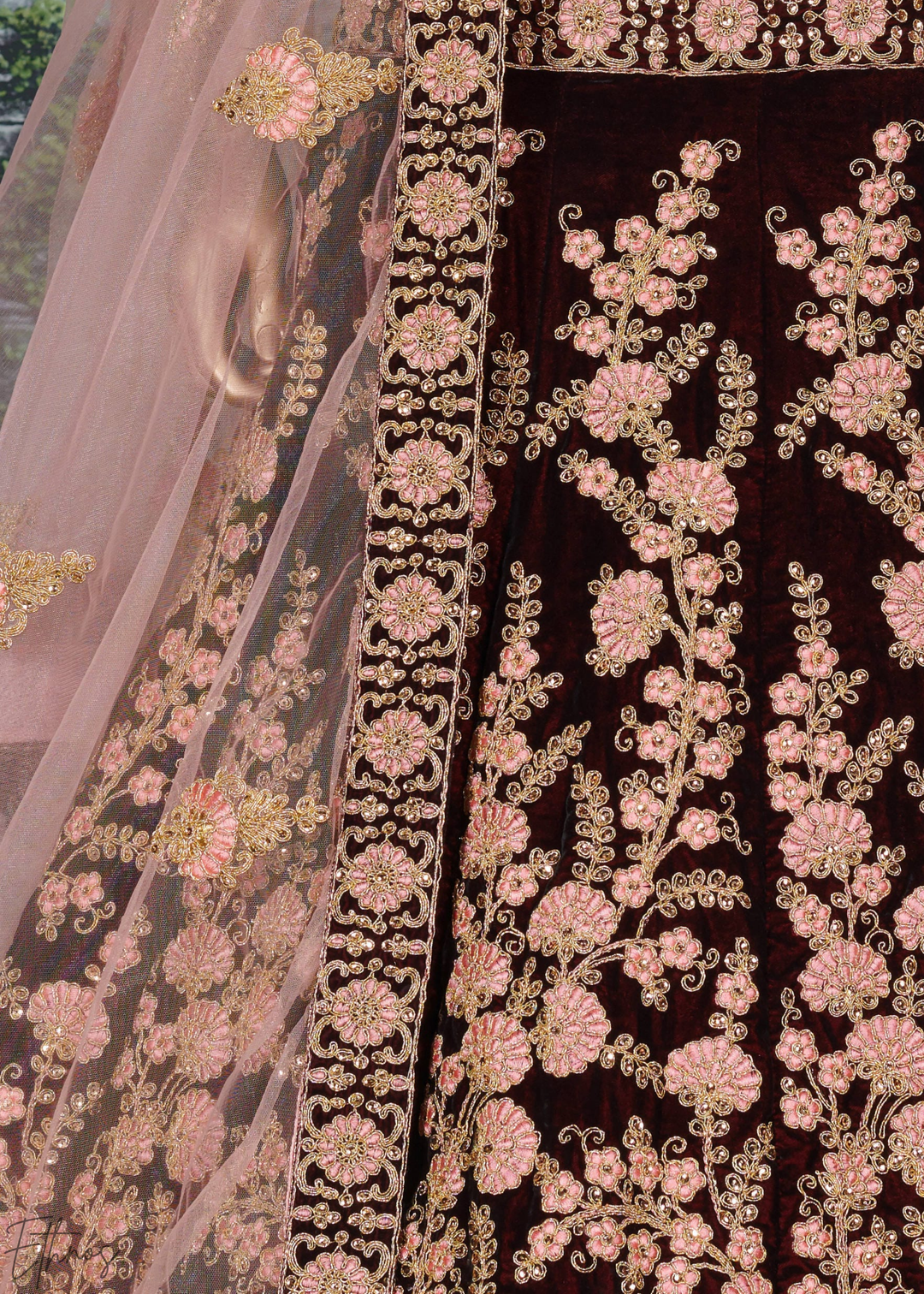 Deep Wine Heavy Floral Embroidered Velvet Lehenga Choli