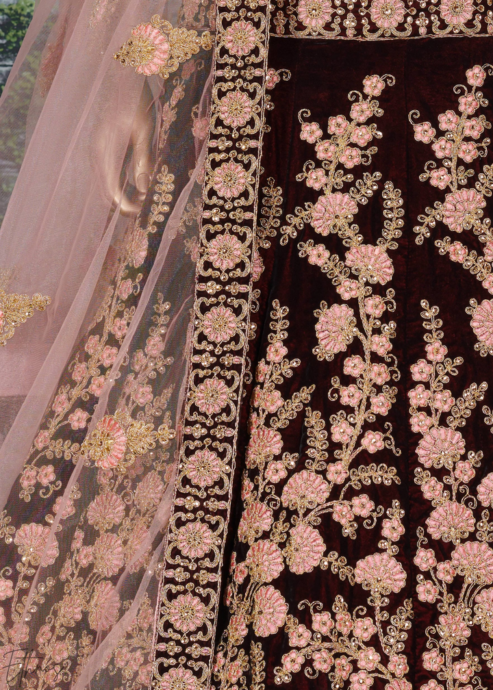 Deep Wine Heavy Floral Embroidered Velvet Lehenga Choli