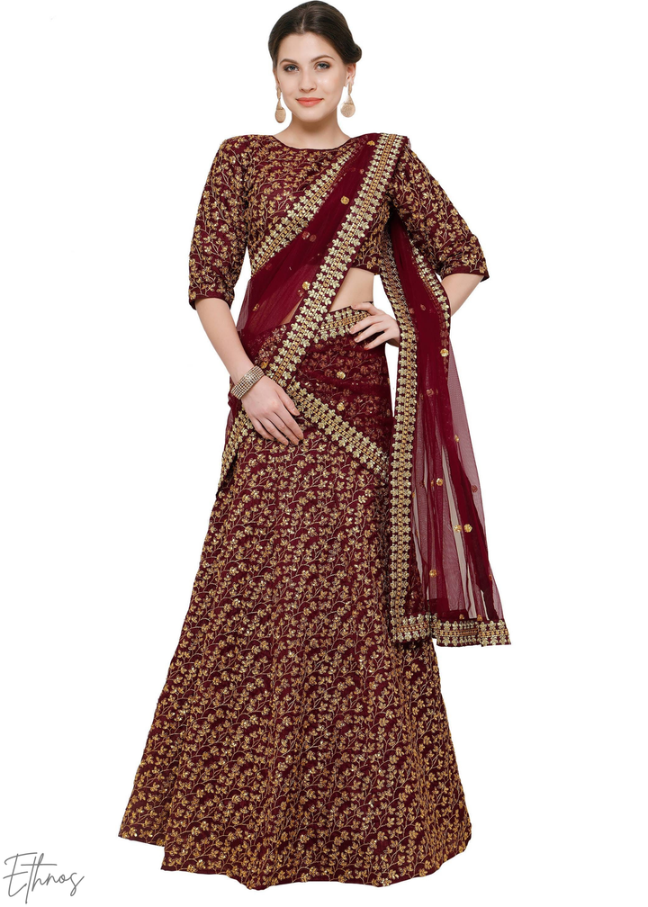 Deep Wine Intricate Brocade Raw Silk Lehenga Choli
