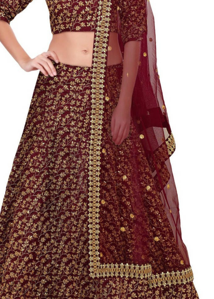 Deep Wine Intricate Brocade Raw Silk Lehenga Choli