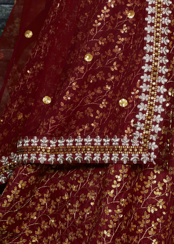 Deep Wine Intricate Brocade Raw Silk Lehenga Choli