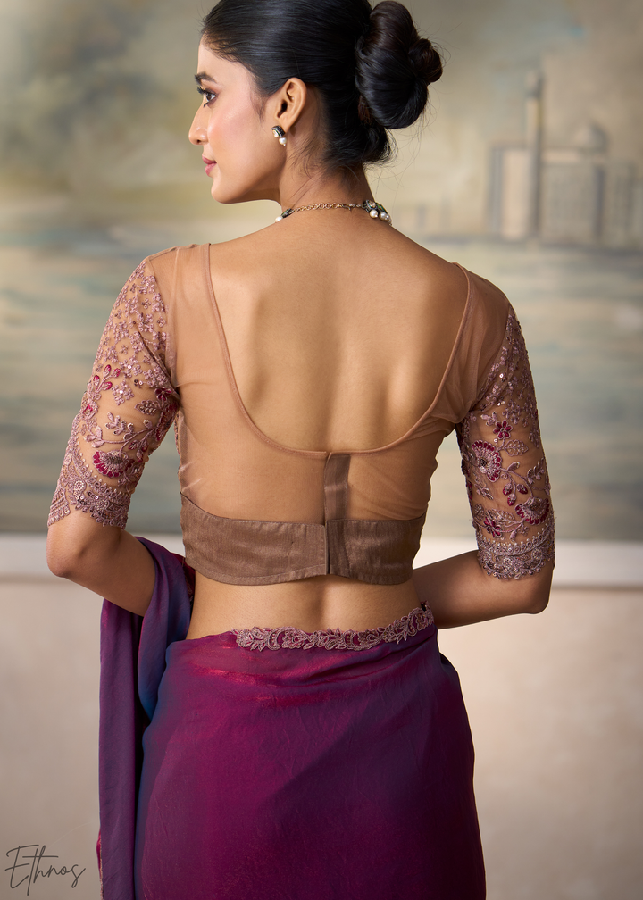 Deep Wine Ruffle Border  Satin Silk Saree