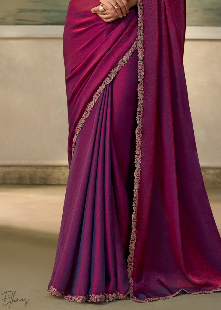 Deep Wine Ruffle Border  Satin Silk Saree