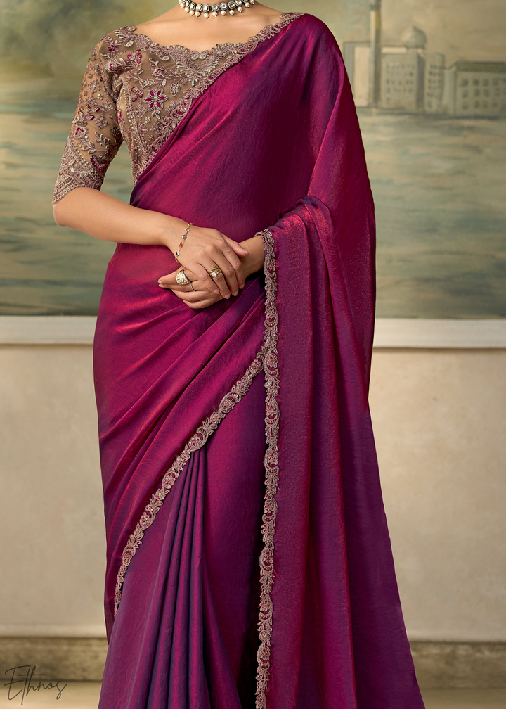 Deep Wine Ruffle Border  Satin Silk Saree