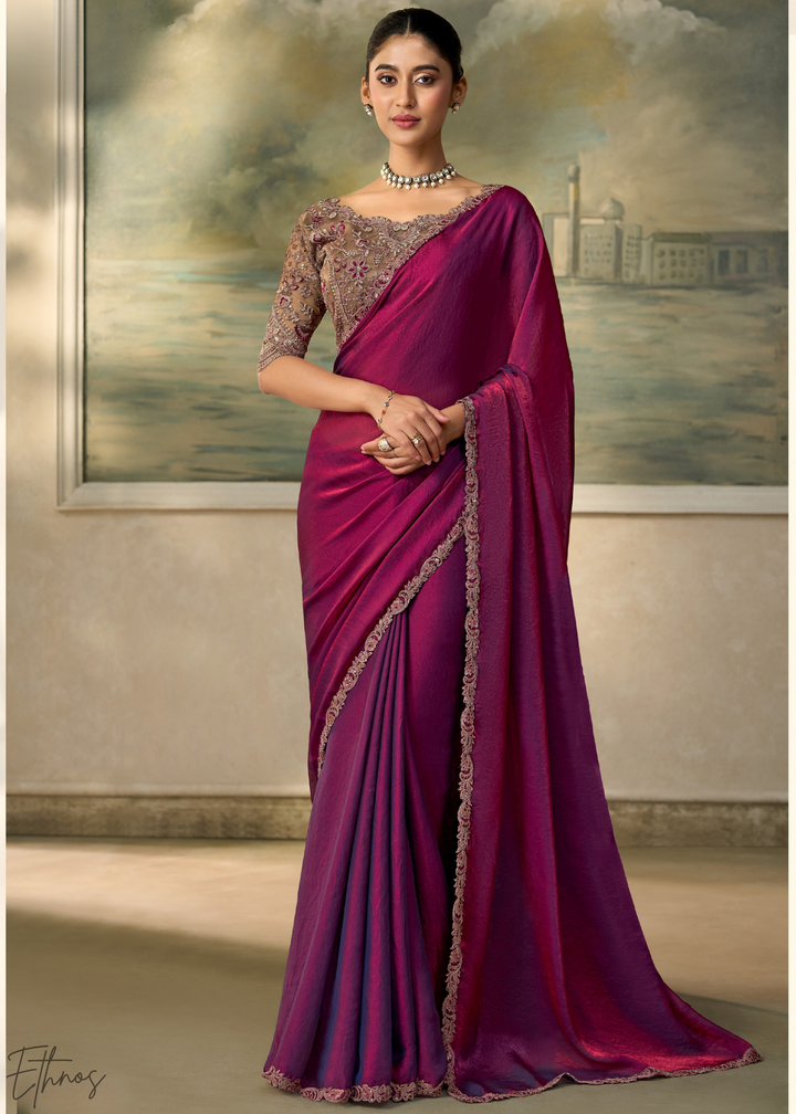 Deep Wine Ruffle Border  Satin Silk Saree