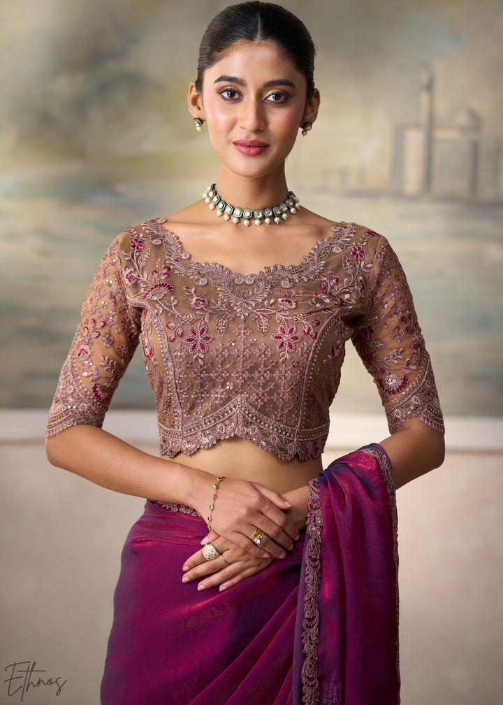Deep Wine Ruffle Border  Satin Silk Saree