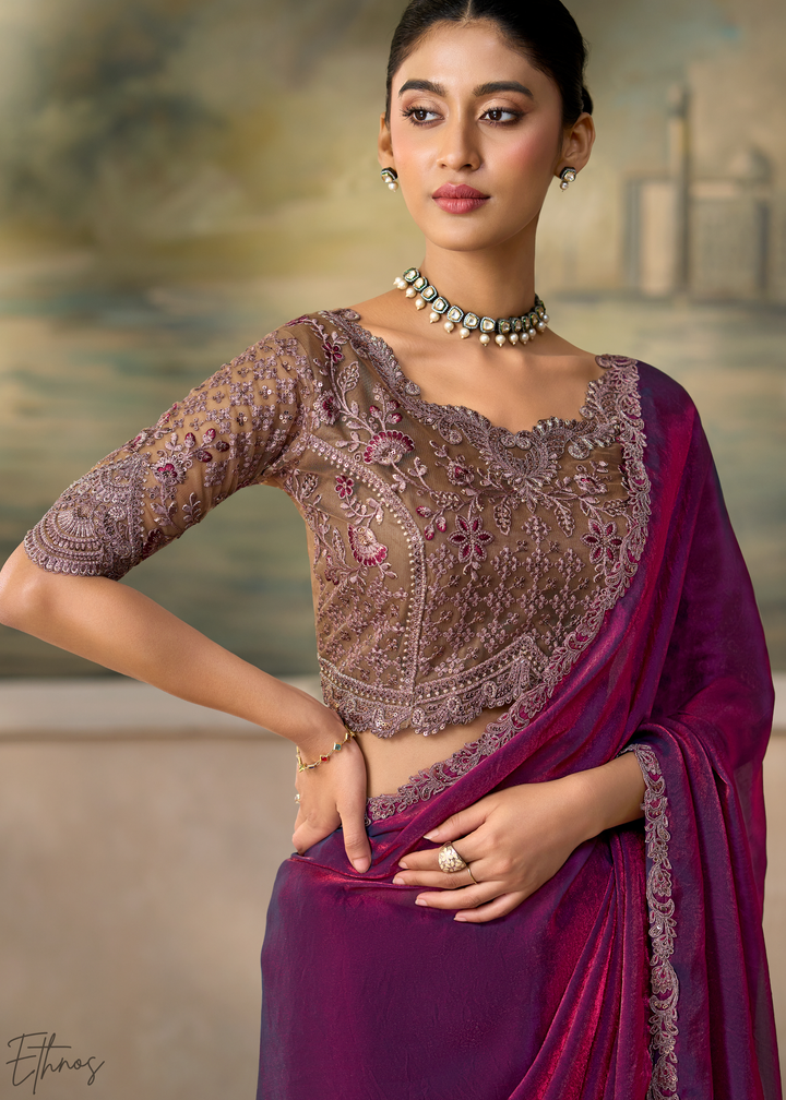 Deep Wine Ruffle Border  Satin Silk Saree
