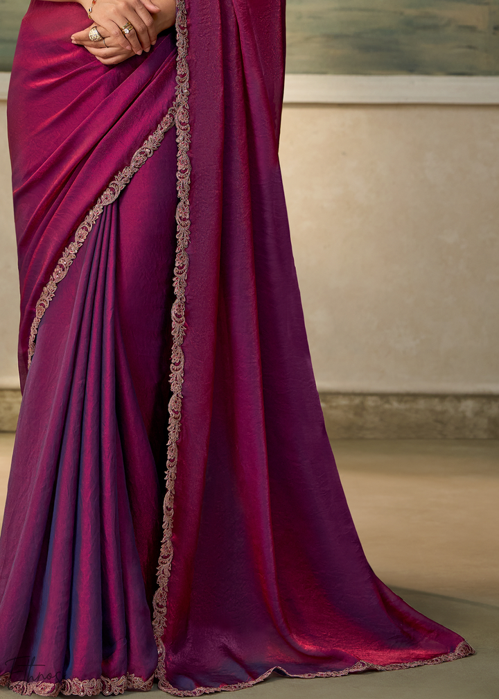 Deep Wine Ruffle Border  Satin Silk Saree