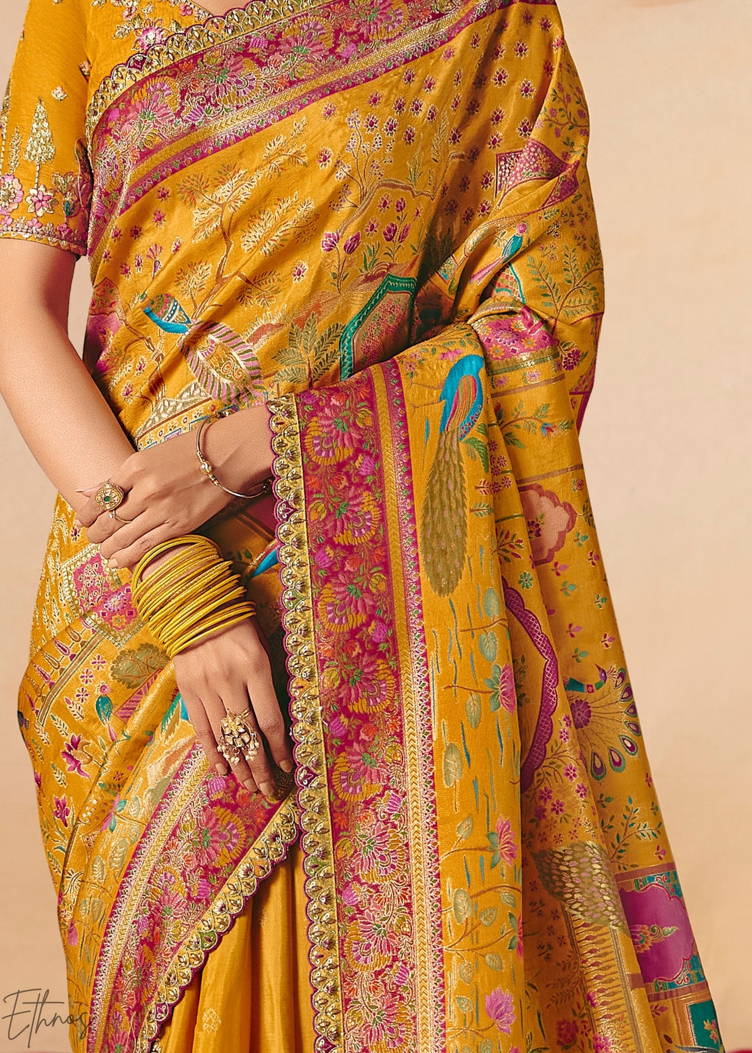 Deep Yellow Kalamkari Dola Silk Saree