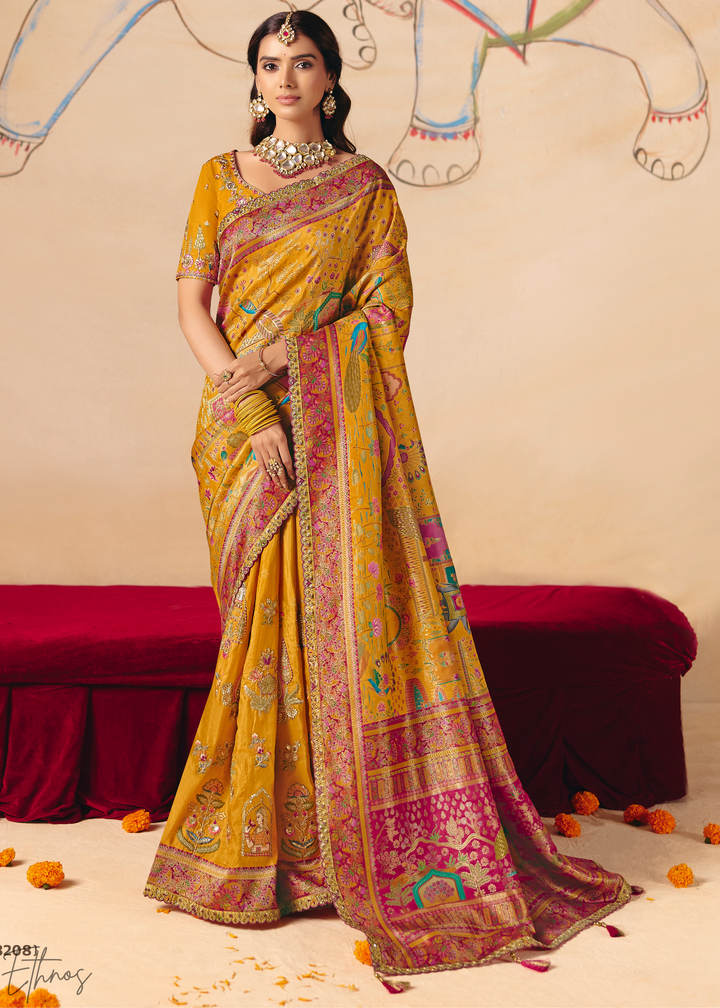 Deep Yellow Kalamkari Dola Silk Saree