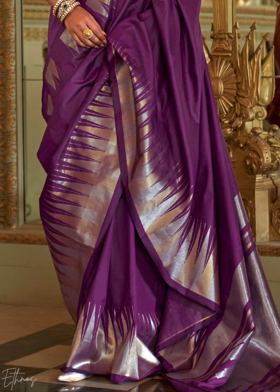 Deep Amethyst Metallic Temple Wave Silk Saree