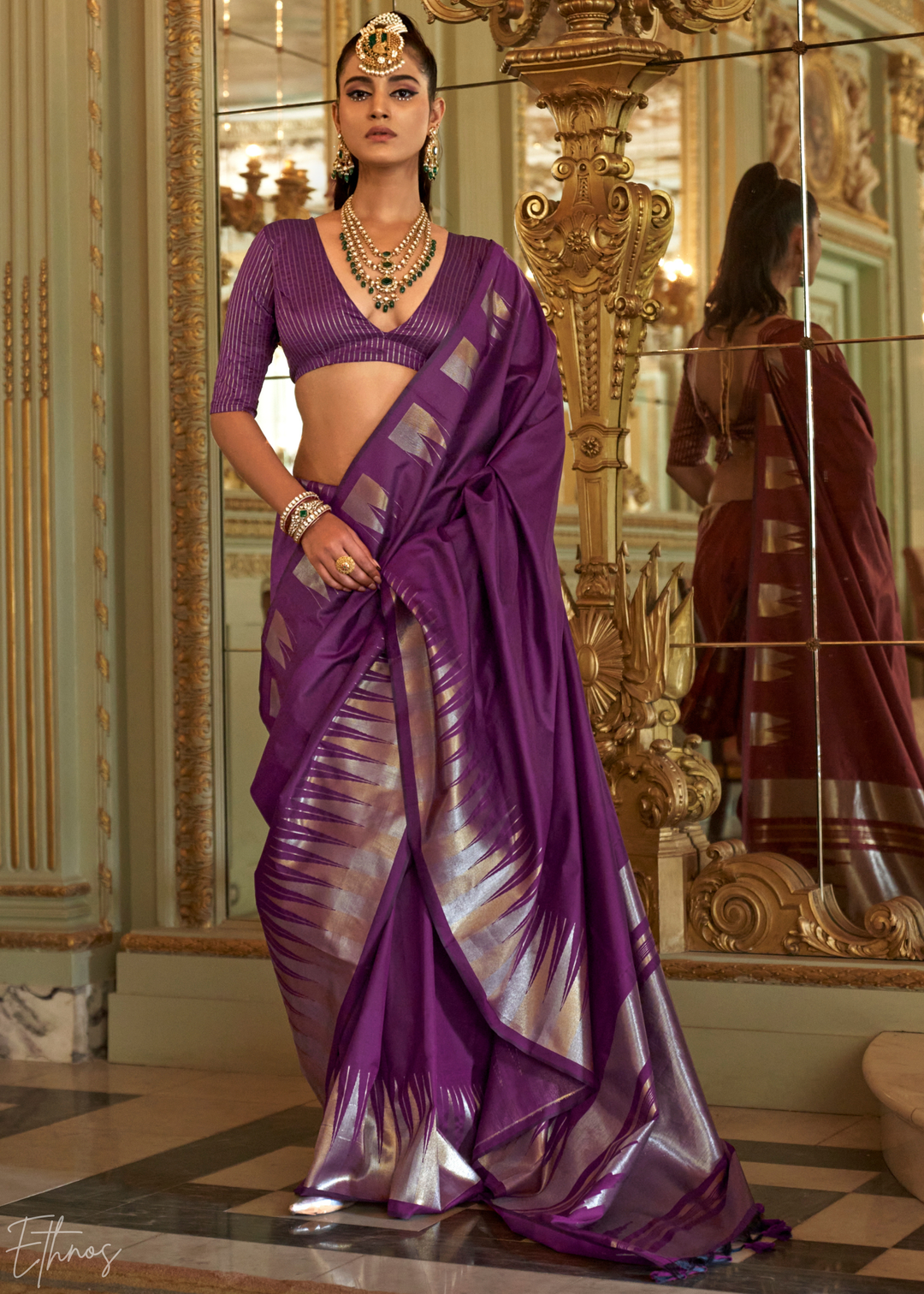 Deep Amethyst Metallic Temple Wave Silk Saree