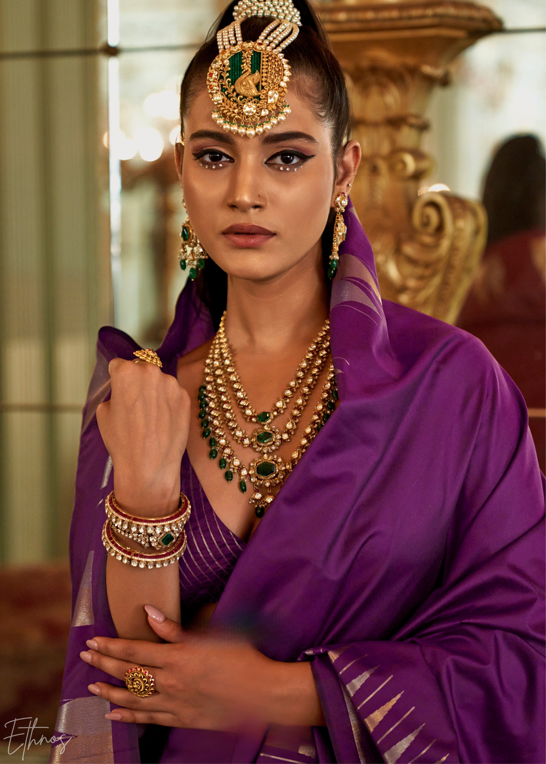 Deep Amethyst Metallic Temple Wave Silk Saree