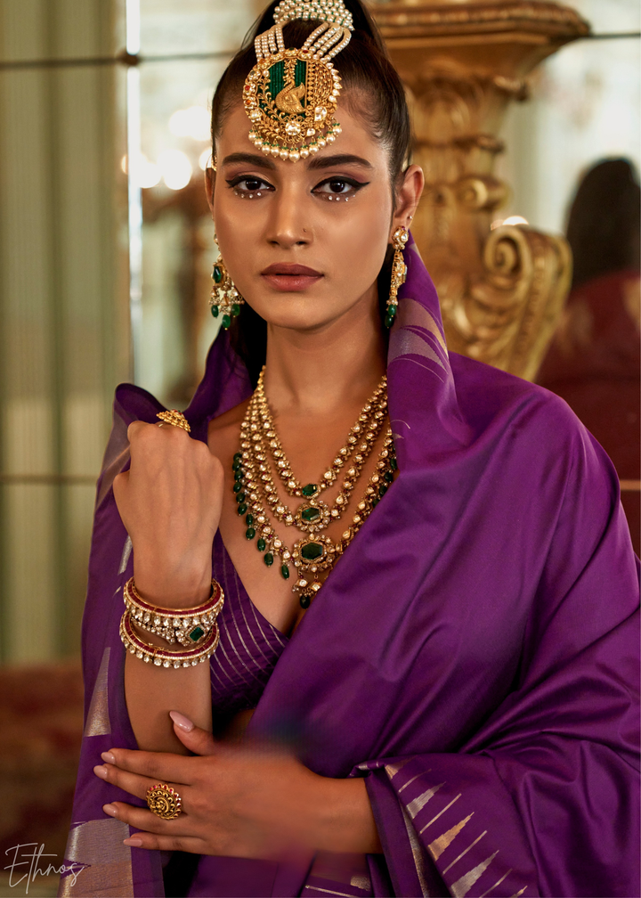 Deep Amethyst Metallic Temple Wave Silk Saree