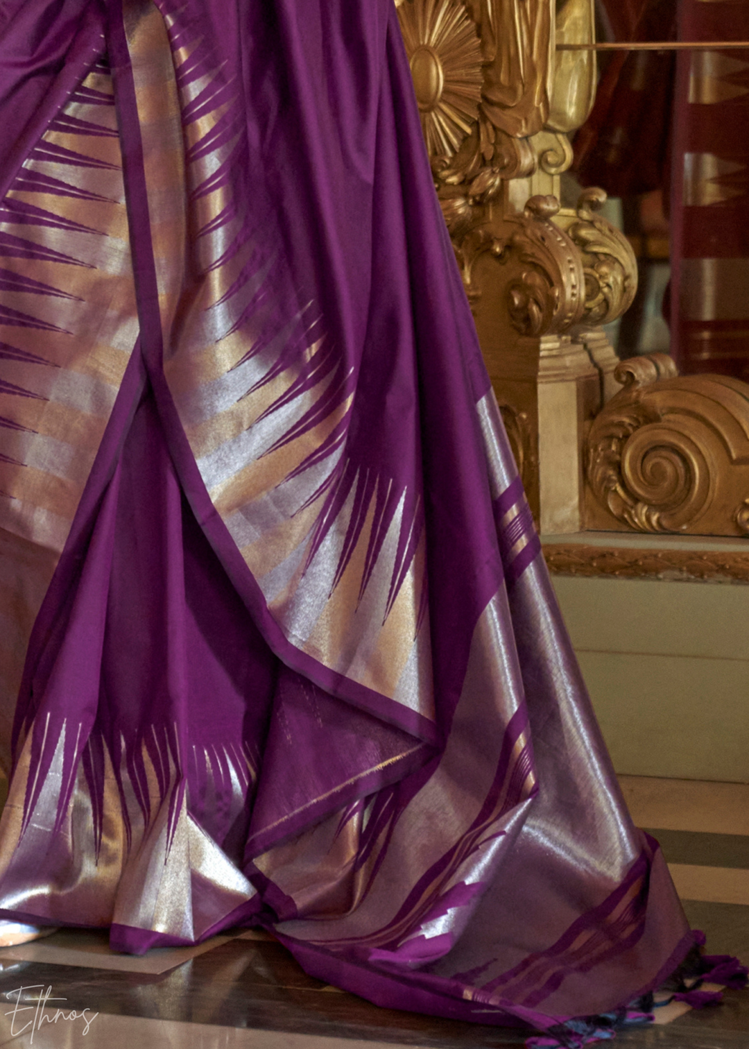 Deep Amethyst Metallic Temple Wave Silk Saree