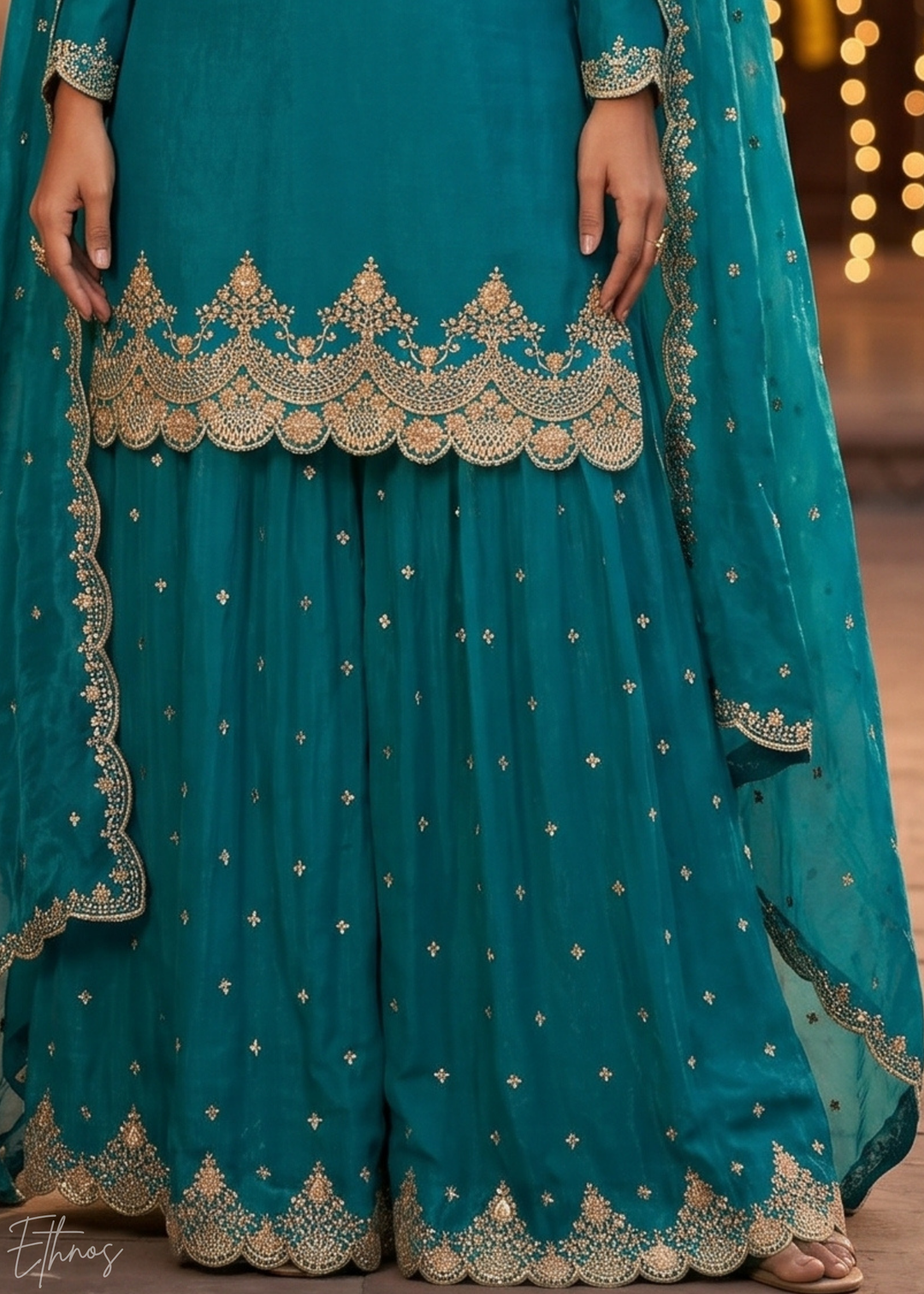 Deep Cerulean Regal-Embroidered Silk Sharara Suit