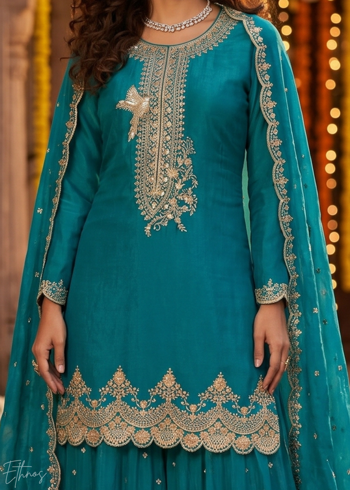 Deep Cerulean Regal-Embroidered Silk Sharara Suit