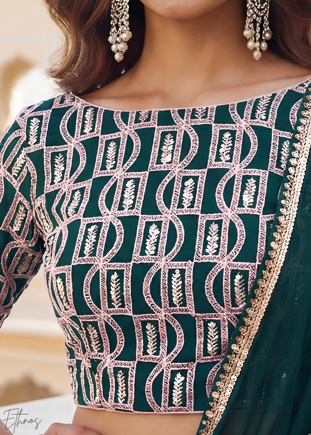 Deep Green Sequins Georgette Lehanga